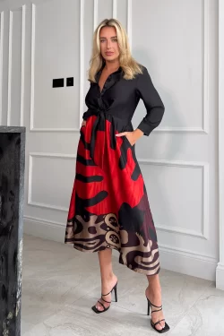 Jordi Red Leaf Shirt Dress